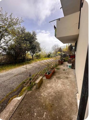 a fence with potted plants on the side of a road at Casa privata in collina in Gemmano