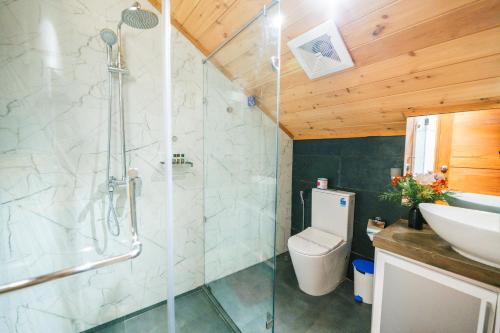 a bathroom with a shower and a toilet and a sink at Baron Luxury Boutique in Nuwara Eliya