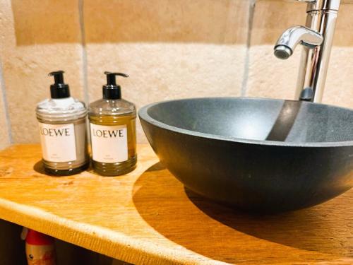 Megève centre في ميجيف: حوض غسيل في الحمام عليه زجاجتان من الصابون على المنضدة