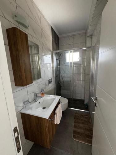 a bathroom with a sink and a shower and a toilet at Apartman Severny Cyprus in Iskele