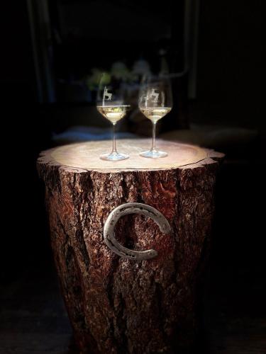 two glasses of wine sitting on top of a tree stump at Albergo Aprica Garni in Aprica
