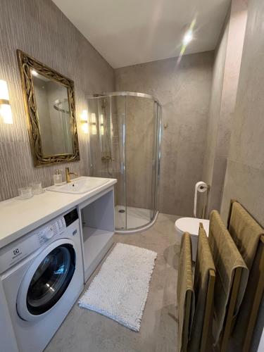 a bathroom with a washing machine and a shower at Apartament indyjski Legnica in Legnica