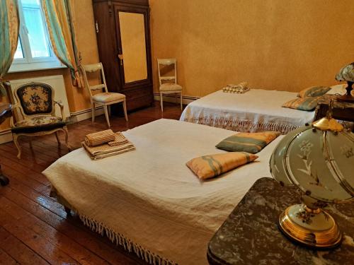 a room with two beds and a table with a lamp at Gite chez Elisa in Le Fousseret