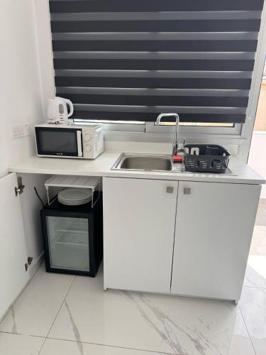 a white kitchen with a sink and a microwave at Napa Entry apartments in Ayia Napa