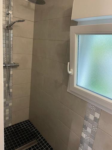 a bathroom with a shower and a window at Charming brand new apartment in Urrugne