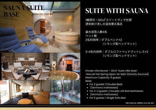 a flyer for a hotel with a room with a table and chairs at The BASE GLAMPING YUGAWARA in Yugawara