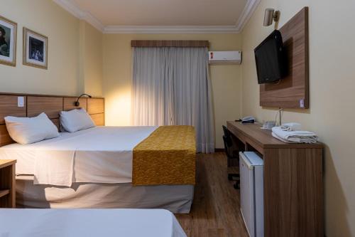 a hotel room with a bed and a desk and a television at Carlton Plaza São José dos Campos in São José dos Campos