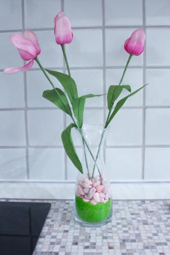 two pink roses in a vase with rocks in it at Relax Guazza - Piscina a Comune - Parcheggio in Pieve a Maiano