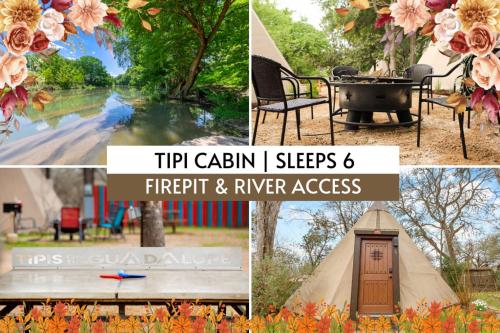 a collage of photos with a tent and flowers at Tipis on the Guadalupe in New Braunfels