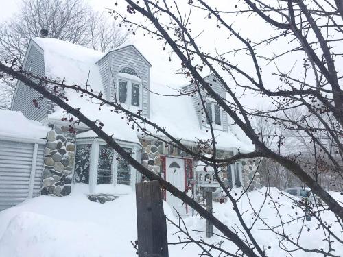 a house covered in snow with a tree at 3 Bedroom 2 Bath Carriage House (Pet Friendly) in Bar Harbor