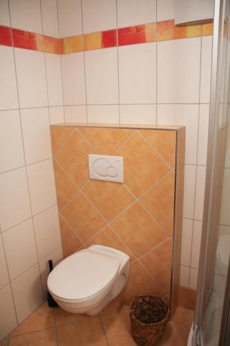 a bathroom with a white toilet in a tiled wall at Gesundheitshof Lohninger in Mondsee