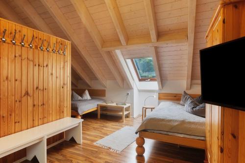 a living room with a bed and a tv at Ferienhaus Eifel Atrium in Zweifelscheid