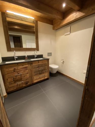 a bathroom with a sink and a toilet and a mirror at Grimpeur 9 ski in-out, Spa Access in Nendaz