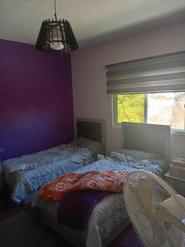 una camera da letto con due letti e una finestra di Sky apartment ad Amman