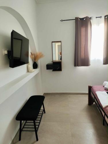 a room with a tv and a chair and a mirror at Remvi Apartments in Armenistis