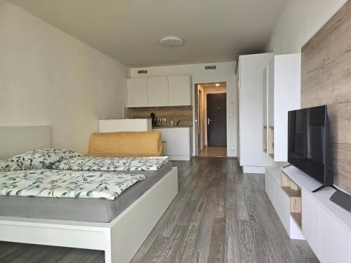 ein Schlafzimmer mit einem Bett und einem Flachbildfernseher in der Unterkunft NEW Apartment - O2 Arena Prague with parking in Prag