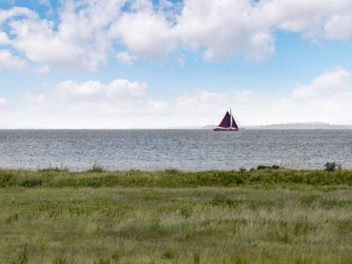 Un velero en el agua con un campo de hierba. en Holiday Home Alexis - 250m from the sea by Interhome, en Nordborg