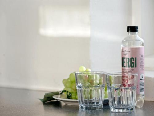a bottle of alcohol next to two glasses and a plate of grapes at Holiday Home Joonas - 100m from the sea by Interhome in Havneby