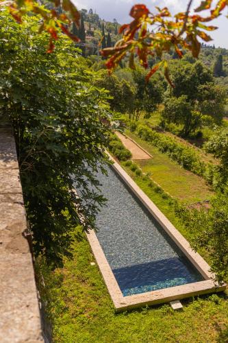 an overhead view of a swimming pool in a garden at Domaine de la Cascade Parfumée in Grasse