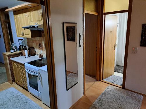 a small kitchen with a sink and a refrigerator at Sleep, fly, bye bye in Sarajevo