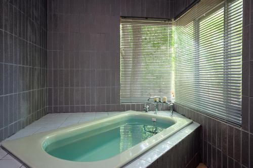 a bathroom with a bath tub with a window at Villa Foresta Sora in Nasushiobara
