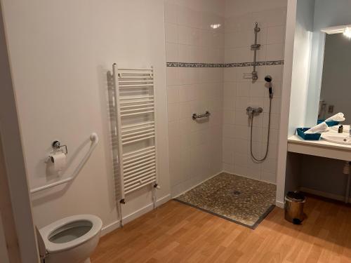 a bathroom with a shower and a toilet and a sink at HOTEL Restaurant LE CALDERO in Montpon-Ménestérol