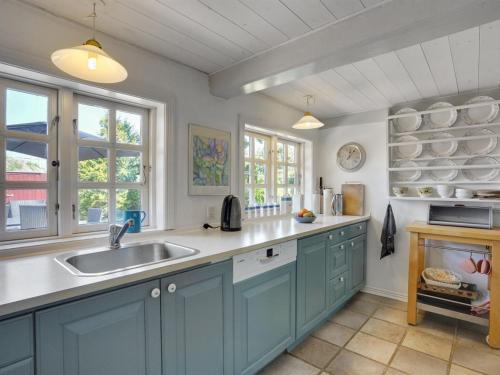 a kitchen with blue cabinets and a sink at Holiday Home Edelgard - 4-5km from the sea by Interhome in Kongsmark