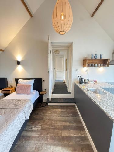 a bedroom with a bed and a sink in a room at De Stadshoeve in Medemblik