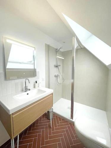 a bathroom with a sink and a shower and a toilet at Appartement BZH in Plougastel-Daoulas