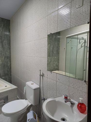 a bathroom with a toilet and a sink and a mirror at Flat Cafofinho em MIGUEL PEREIRA in Miguel Pereira