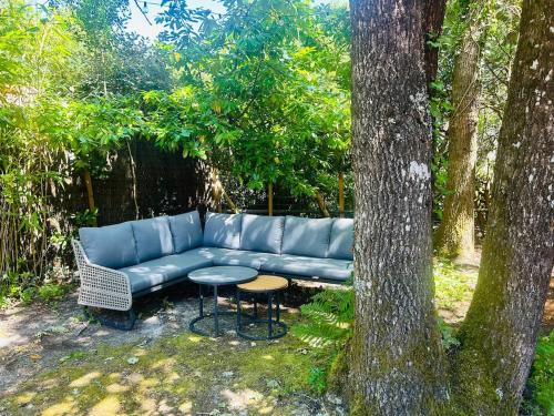 a blue couch sitting next to a tree at Lacanau, 6 personnes, à côté du lac, sous les pins au calme in Lacanau