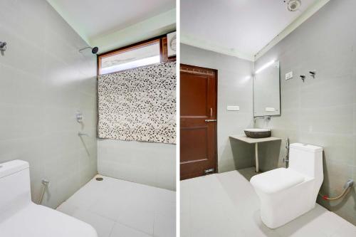 two pictures of a bathroom with a toilet and a sink at Hotel O Model Town Mall Road in Manāli