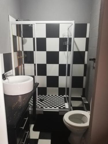 a black and white bathroom with a toilet and a sink at The V8 House in Sutherland