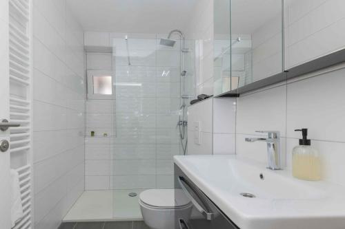 a bathroom with a shower and a sink and a toilet at Villa Velaria with private pool in Donja Glavina