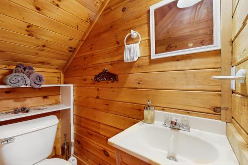 a bathroom with a toilet and a sink at Sunset Mountain Cabin in Ellijay