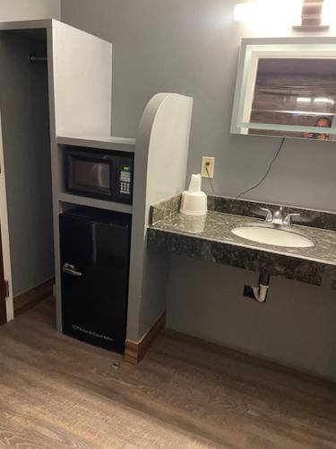a bathroom with a sink and a microwave at The Lincoln Hotel Philadelphia in Trevose