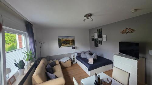 a living room with a couch and a tv at Apartment mit Garten in Bad Lauterberg