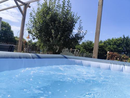 un jacuzzi dans un jardin avec de l'eau bleue dans l'établissement Les gîtes de L'hermine, à Plouigneau