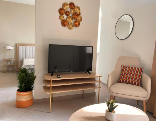 Una sala de estar con un televisor y una silla. en Zenao Appart'hôtels Marseille Prado, en Marsella