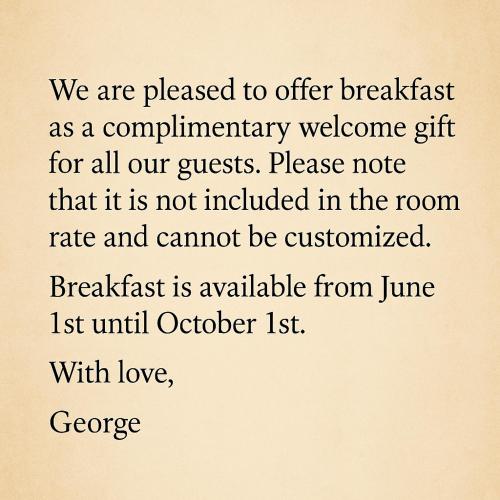 a sign with the wordsiversaryiversary gift for all our guests at Cristina Apartments in Gaios