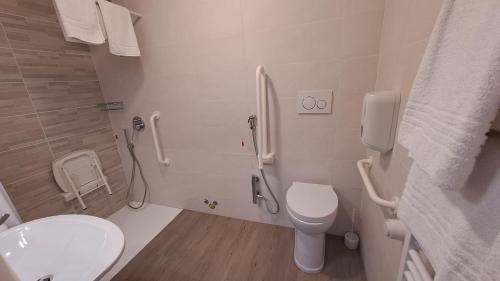 a bathroom with a shower and a toilet and a sink at Ducathotel in Torrile