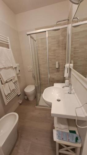 a bathroom with a shower and a sink and a toilet at Ducathotel in Torrile