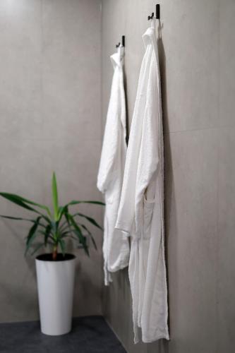 two white towels hanging on a wall with a plant at SPA Apartment Adriatico in Rijeka