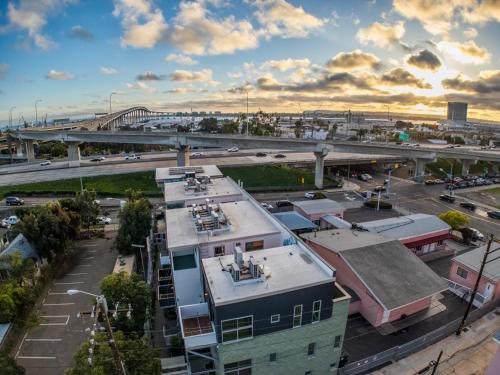 an aerial view of a city with a bridge at Hotel Narcissus in San Diego