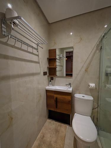 a bathroom with a toilet and a sink and a shower at Villa Authentique avec Vue Panoramique à 3 km de Chefchaouen in Chefchaouene