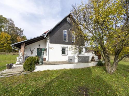 a white house with a black roof and a tree at Lodge in Bohemia with Sauna and Bubble Bath in Kraslice
