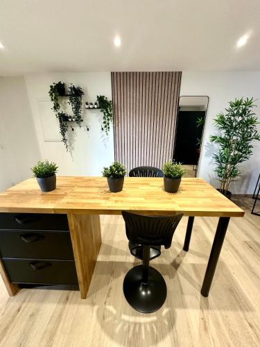 a wooden table with potted plants on top of it at Suite et duplex avec terrasse en hyper centre in Charleville-Mézières
