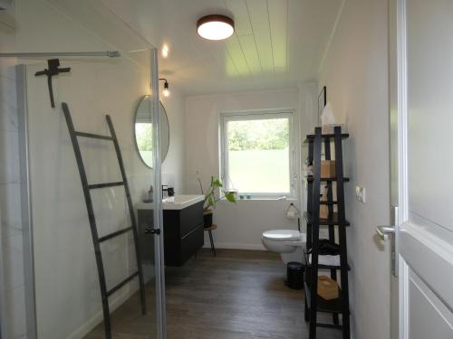 Un baño con inodoro, lavabo y espejo. en fewo1846 - Haus Hygge - Bungalow mit Garten und 2 Schlafzimmern, en Flensburg