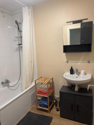 a bathroom with a sink and a shower at Luxurious apartment in Auderghem in Brussels