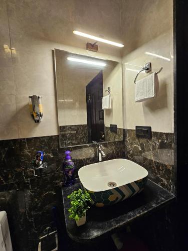 un baño con lavabo y espejo en Cozy River Front Studio in Siolim, en Agarvado